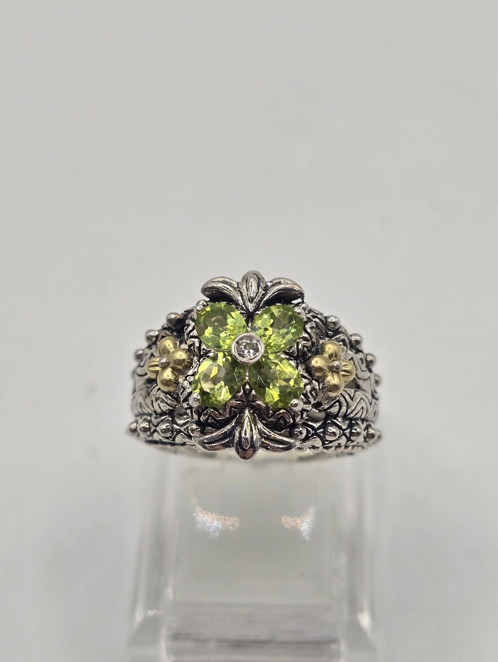 Barbara Bixby 925 Sterling Silver & 18K Gold Peridot Floral Statement Ring S-8